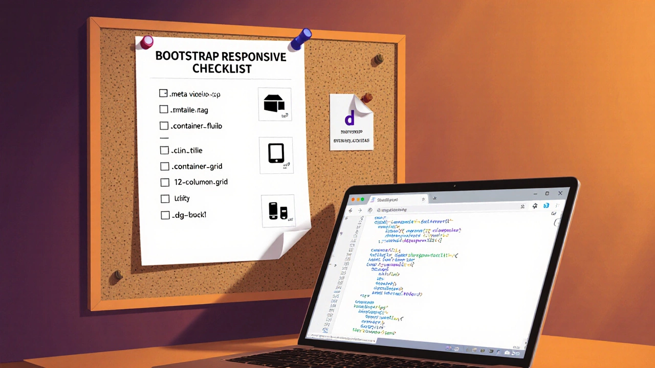 Checklist of Bootstrap responsive steps displayed beside a laptop.