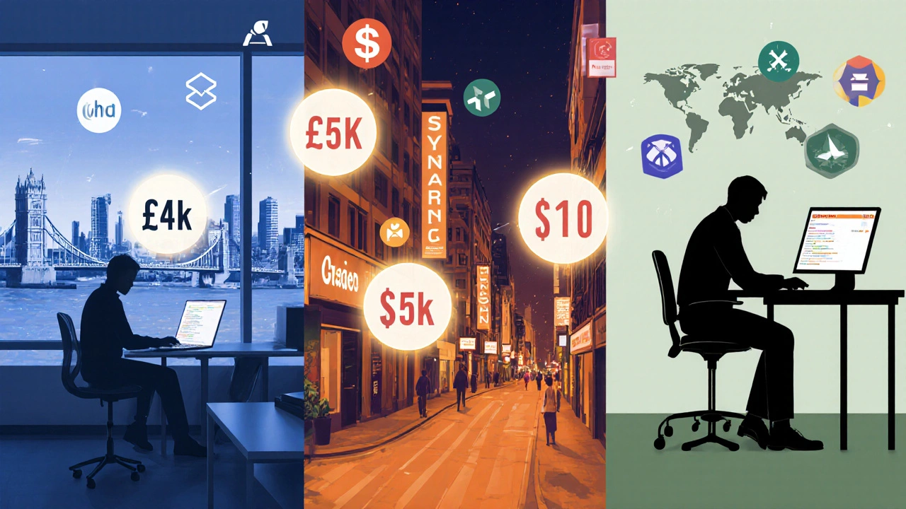 Collage of London office, San Francisco street, and home office showing developers with salary figures.