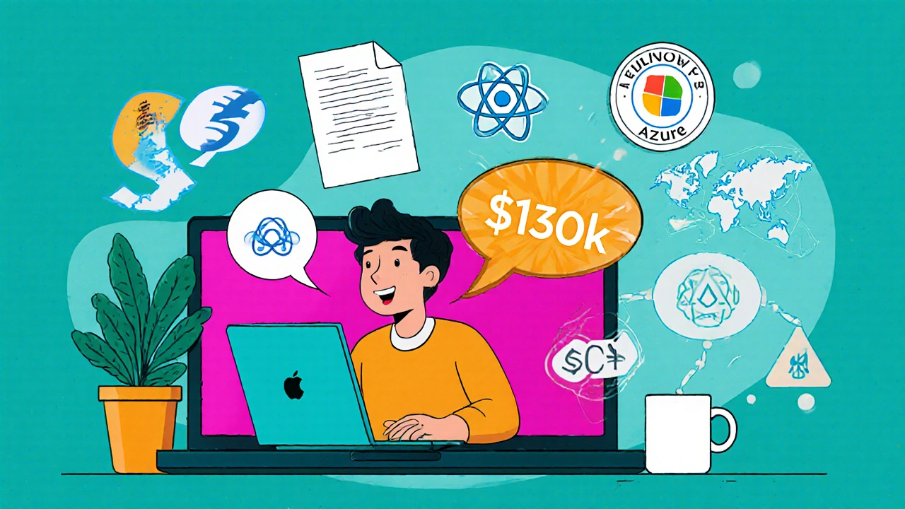 Comic‑style developer negotiating salary via video call with certification badges and remote work symbols.