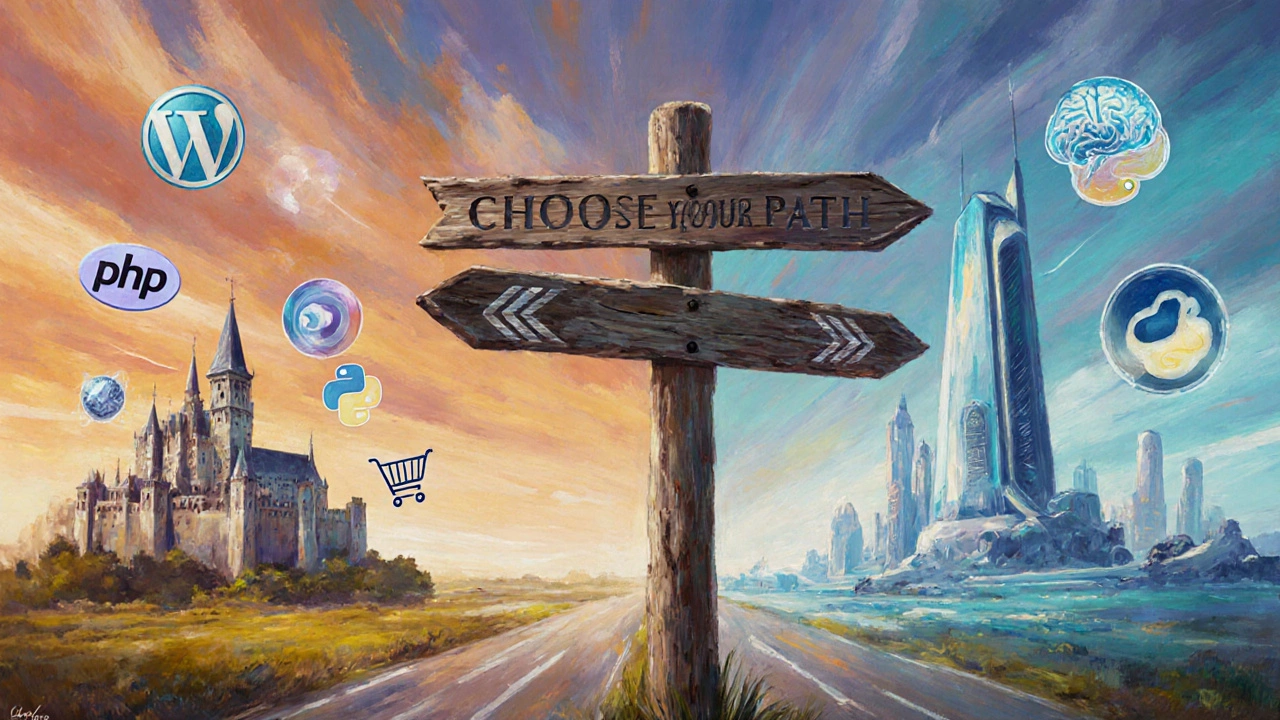 Crossroads sign pointing to a WordPress/PHP scene and a Python/AI scene.