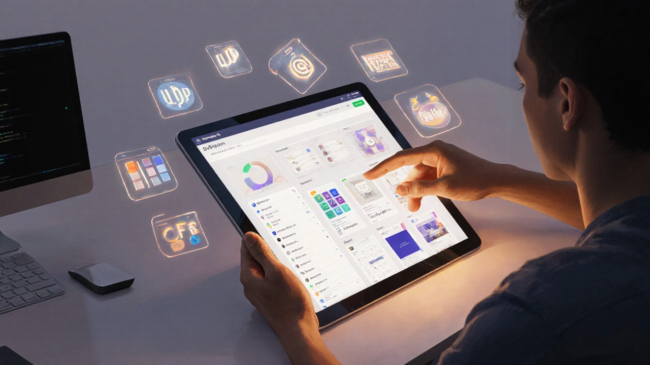 Designer handing over polished app screens on a tablet to a developer.
