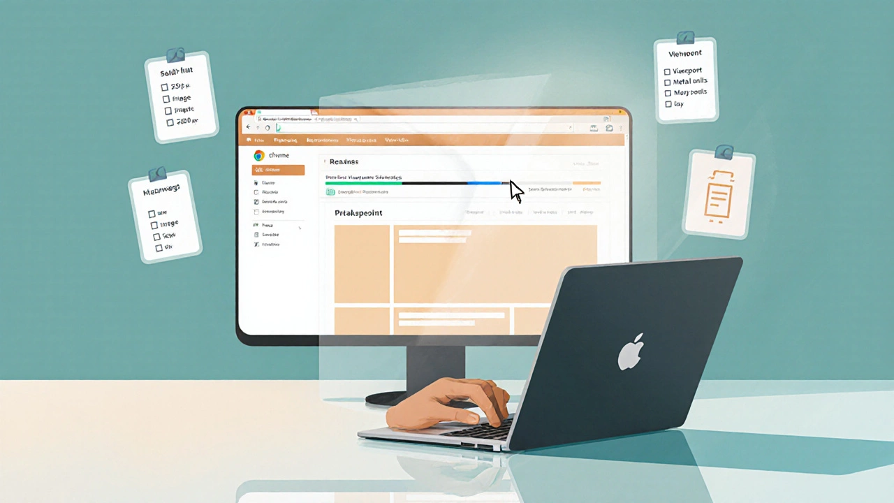 Designer uses laptop with holographic website layout changing across breakpoints.
