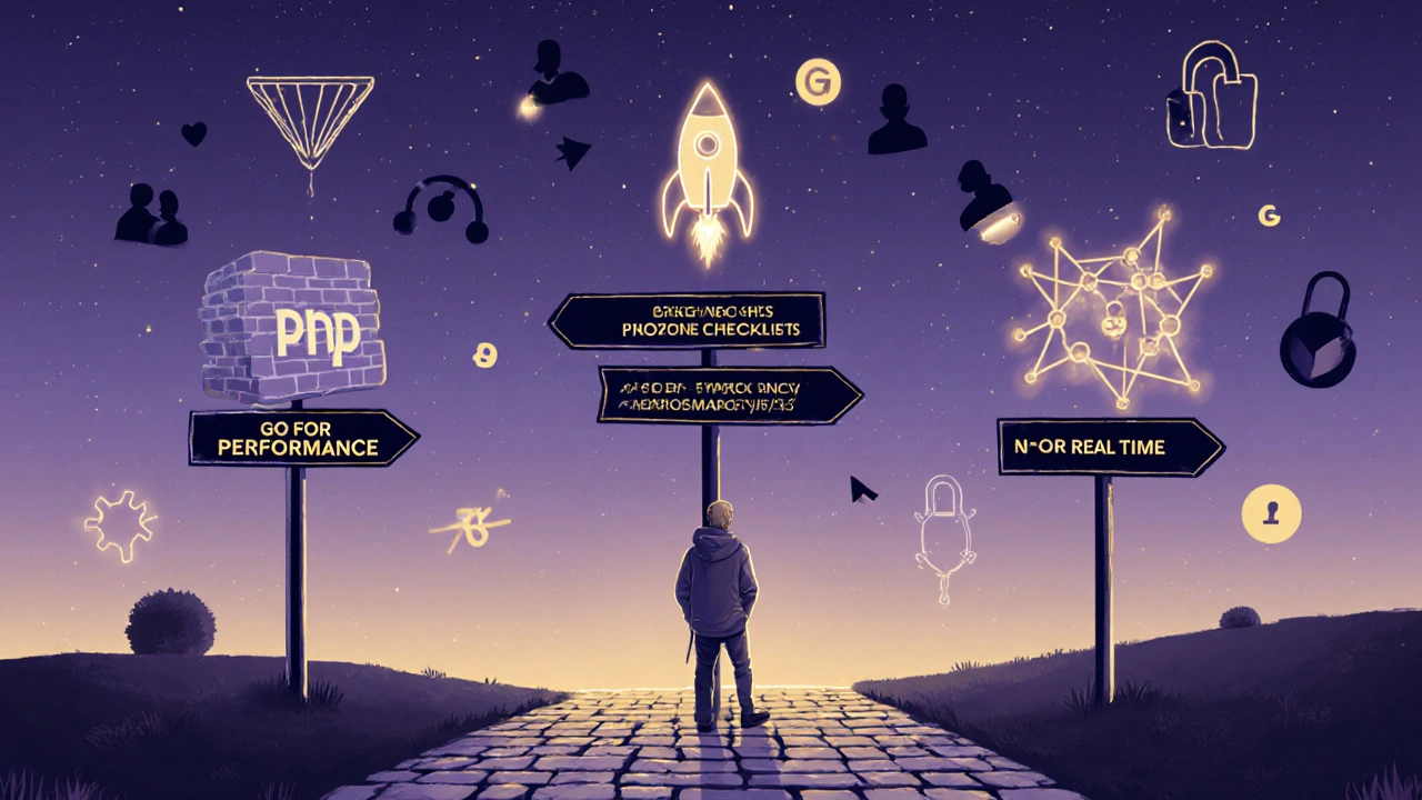 Developer at a crossroads with signposts toward PHP, Go, and Node.js, surrounded by hiring and security icons.