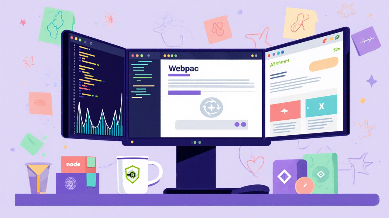 Developer desk with webpack, live dev server, and Next.js preview.
