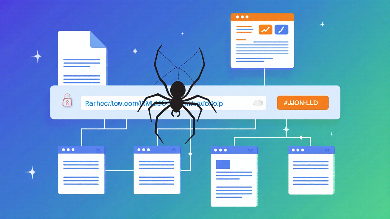 Flat illustration of a spider crawling over a website map with URLs, HTTPS padlock, sitemap, and schema snippet.