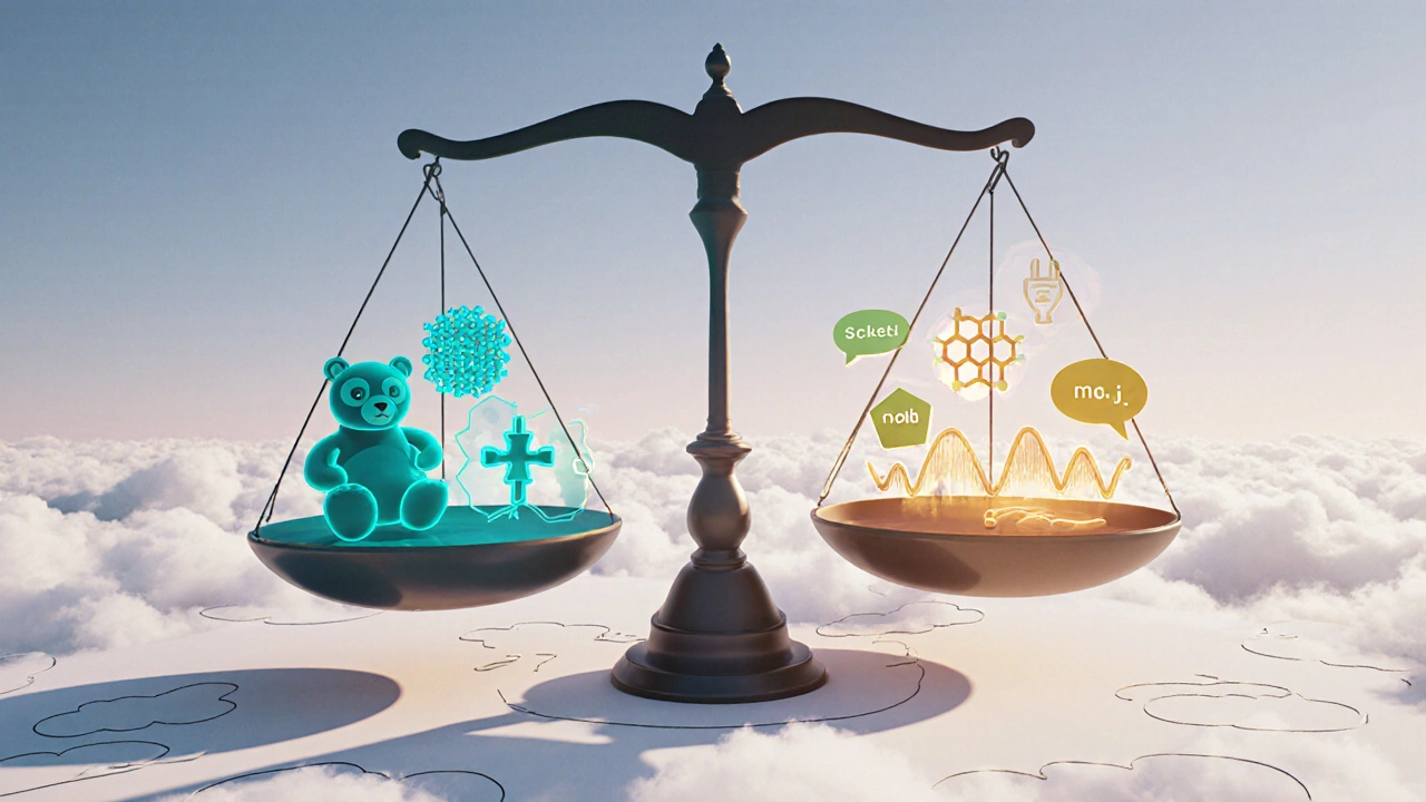Floating scale balancing data‑science icons against real‑time chat symbols in clouds.