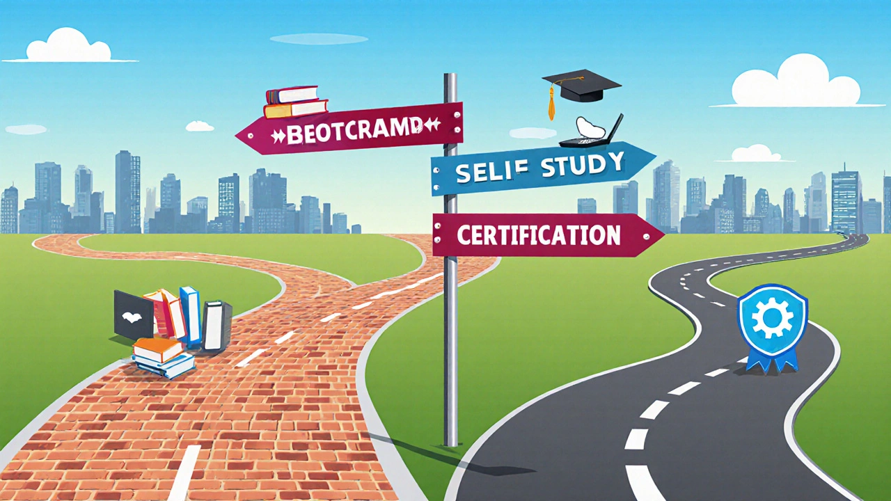 Four diverging road signs representing bootcamp, self‑study, apprenticeship, and certification paths.