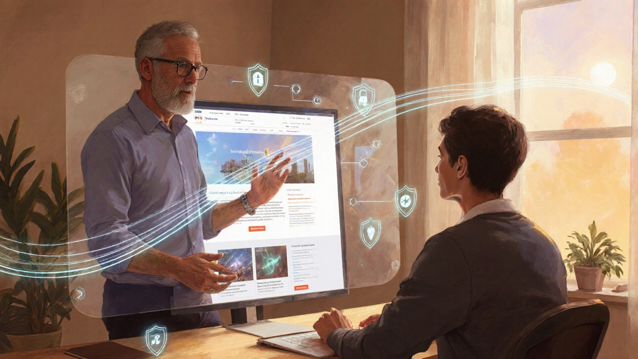 Freelancer presenting a website to a client while an AI ribbon offers guidance.