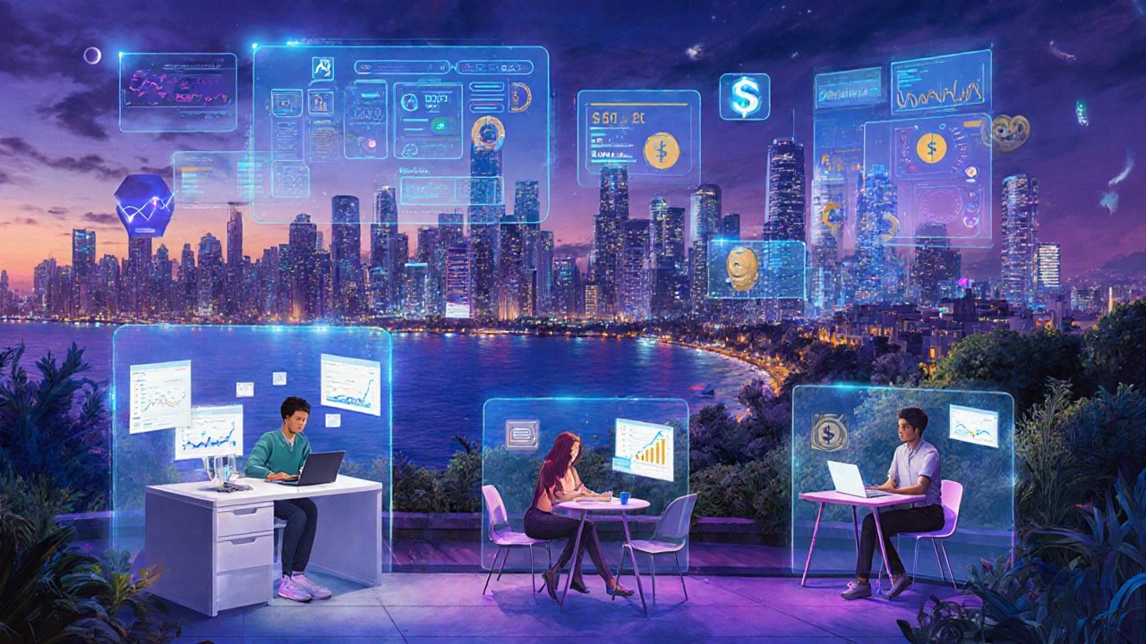Futuristic scene of remote UX designers collaborating, with holographic salary charts and glowing UI elements.