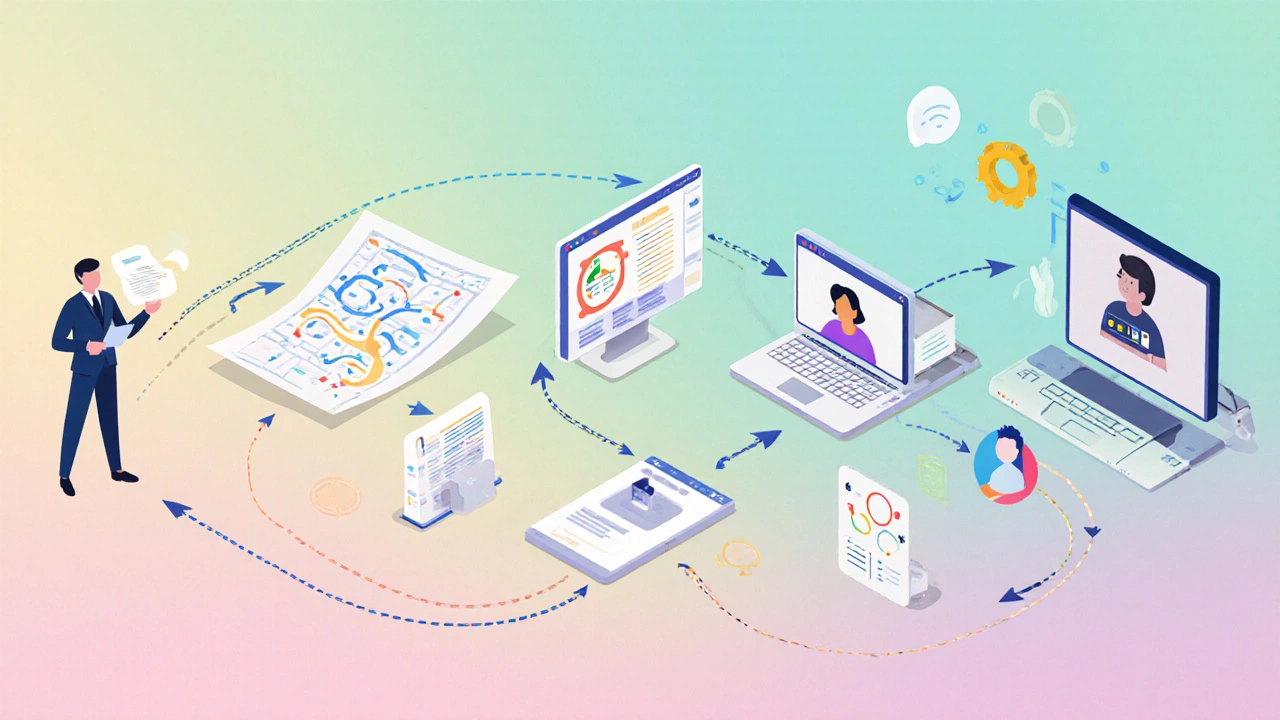 Illustrated UX design process flow with research, wireframing, prototyping, testing, and design system icons.