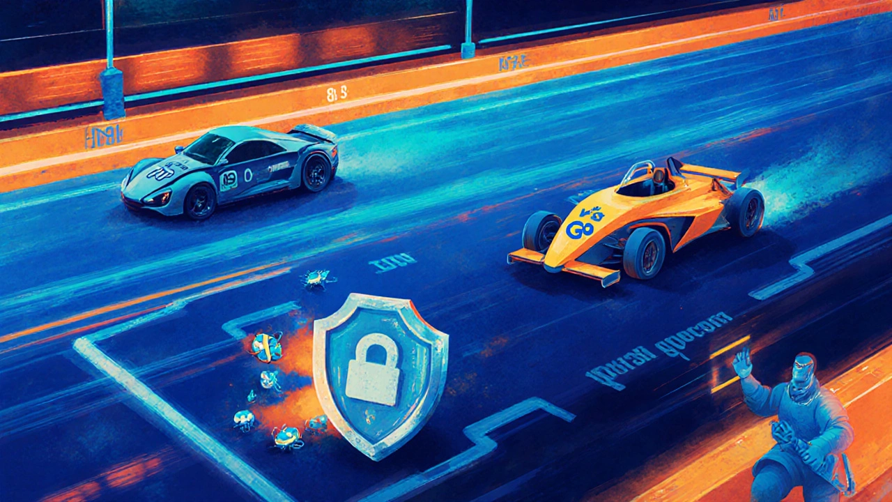 Illustration of a PHP car racing a Go car with performance numbers and a security shield pushing away legacy bugs.