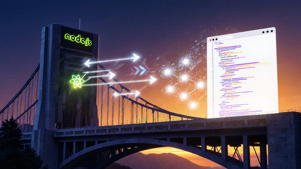 Illustration of Node.js bridging backend and React front‑end via SSR.