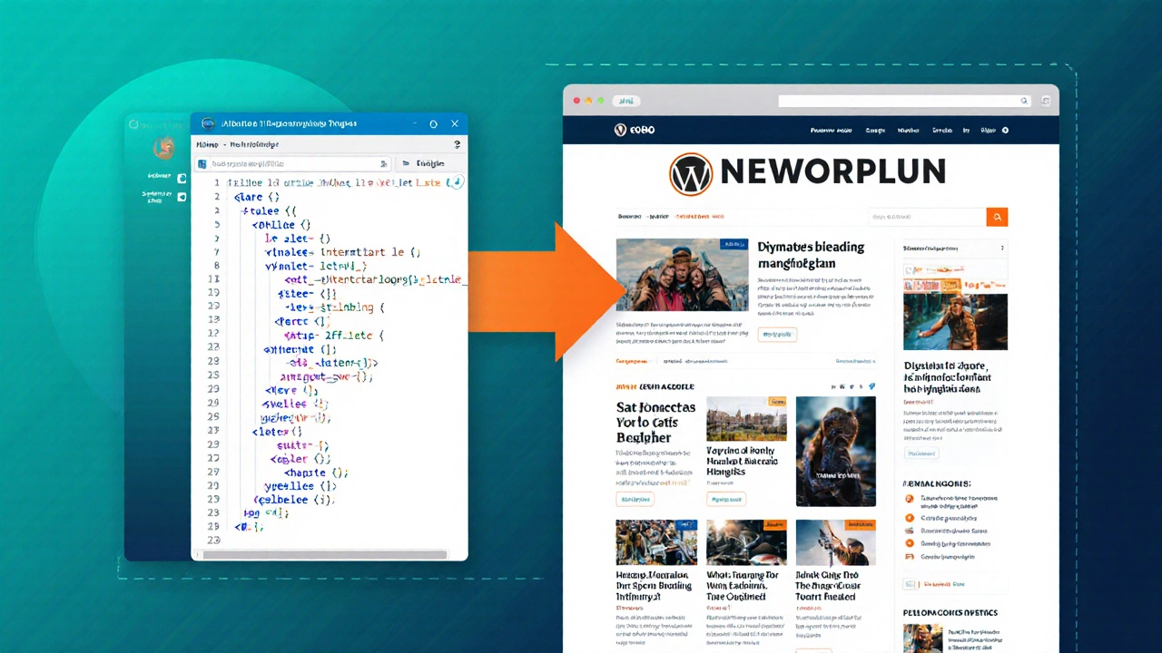 Illustration of WordPress PHP template generating a news homepage with dynamic article cards.