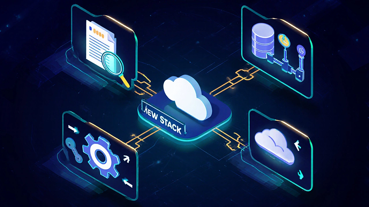 Isometric dashboard illustrating migration steps with icons for audit, DB, CI/CD, and cloud.