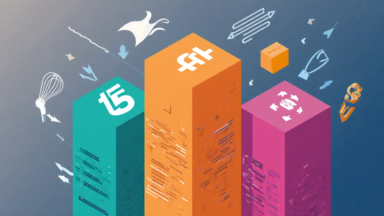 Isometric illustration of HTML5, CSS3, JavaScript pillars surrounded by Sass, Tailwind, and Bootstrap icons.