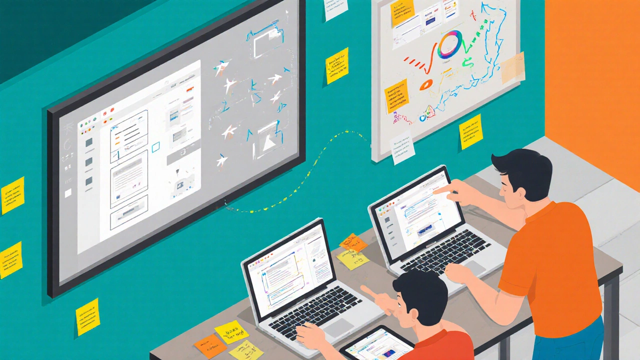 Isometric scene of designers reviewing wireframes and sticky notes on a table.