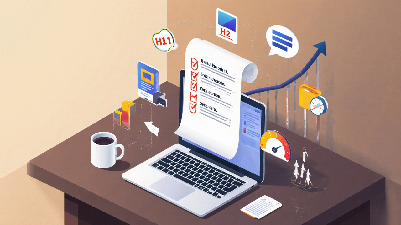 Isometric view of a developer desk with SEO icons floating around a laptop and checklist.