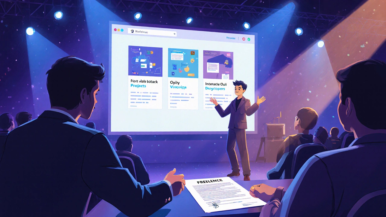 Junior developer presenting a portfolio at a tech meetup, receiving a contract.