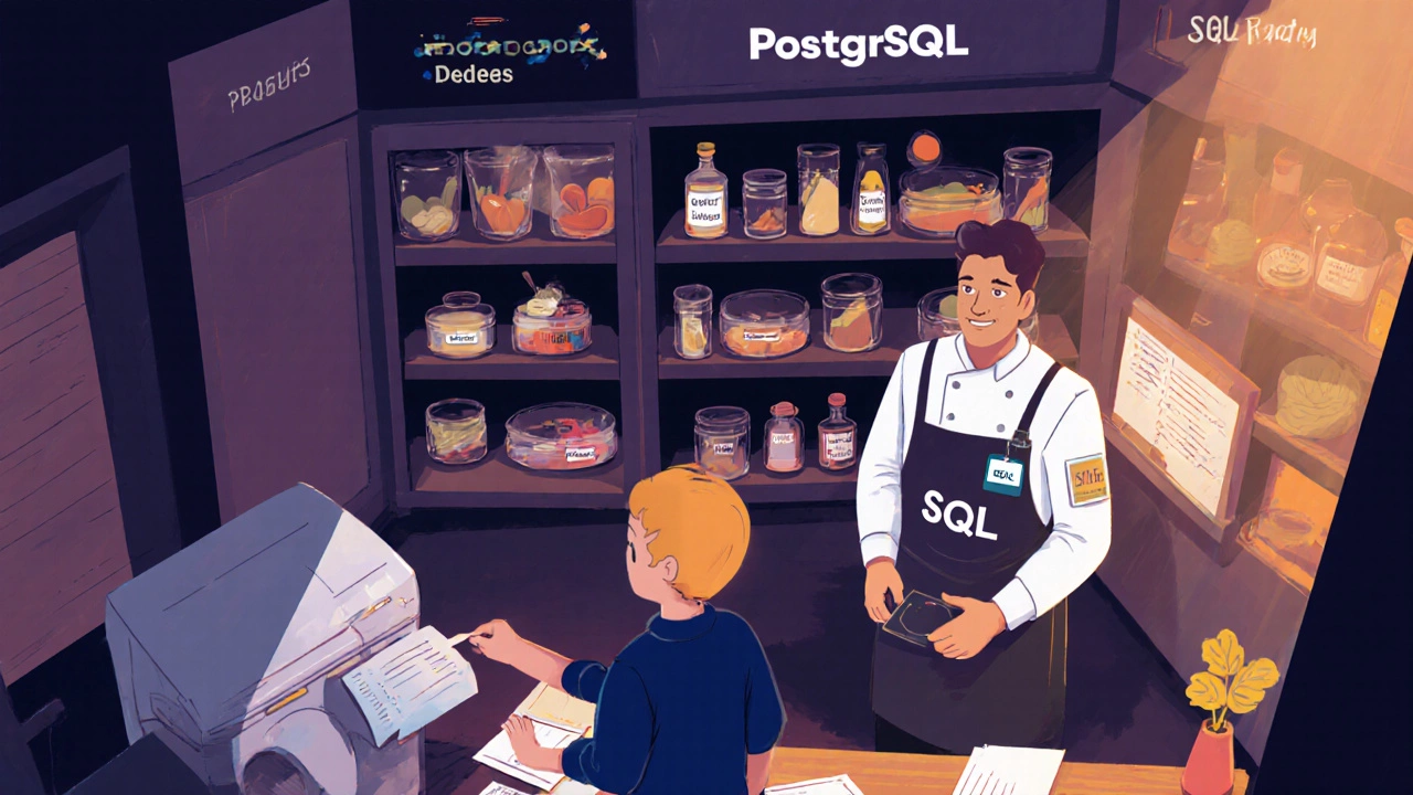 Kitchen scene with waiter delivering order to chef managing a database pantry