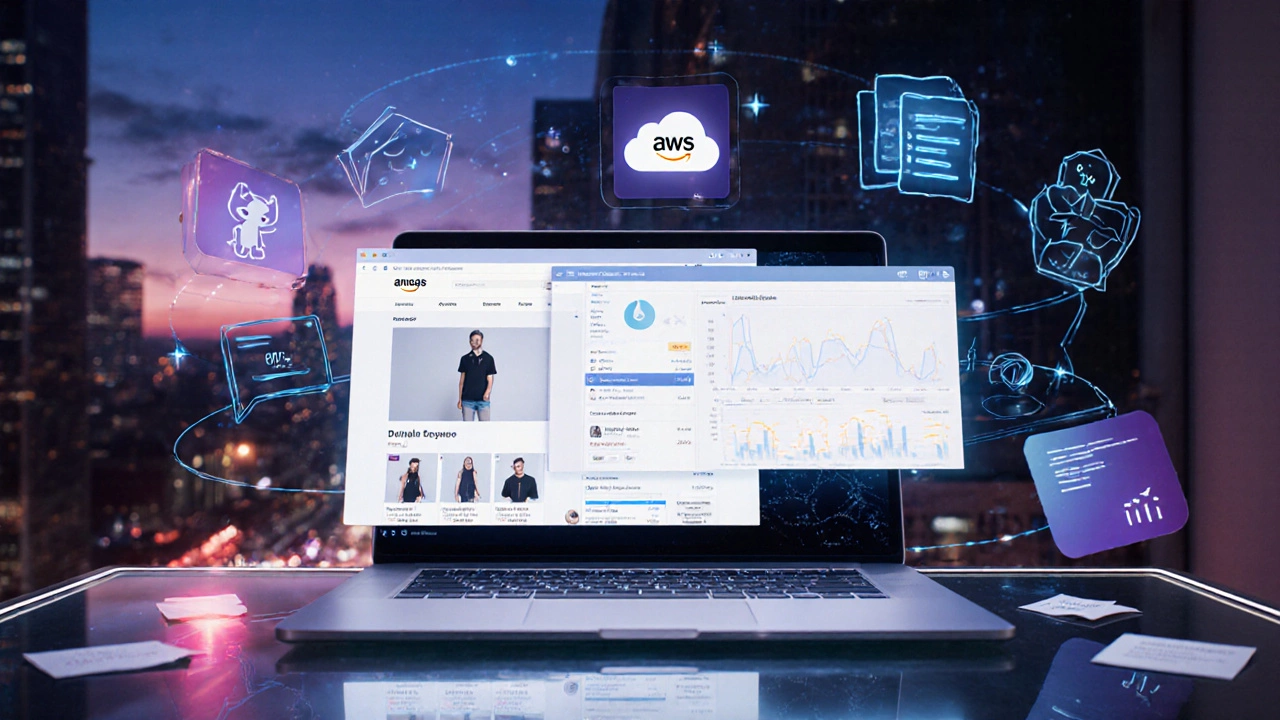 Laptop displaying three web projects with cloud and GitHub symbols, surrounded by notes and charts.