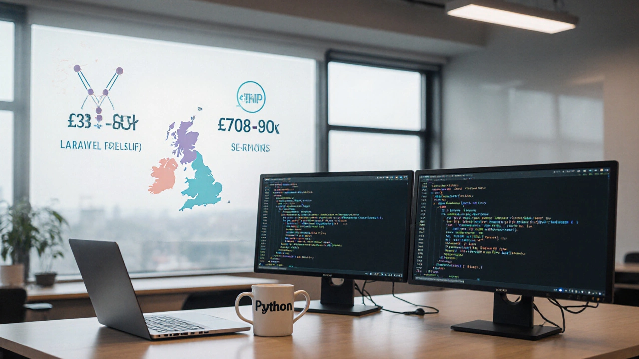 Office desk with screens showing Laravel (PHP) and Django (Python) alongside UK salary charts.