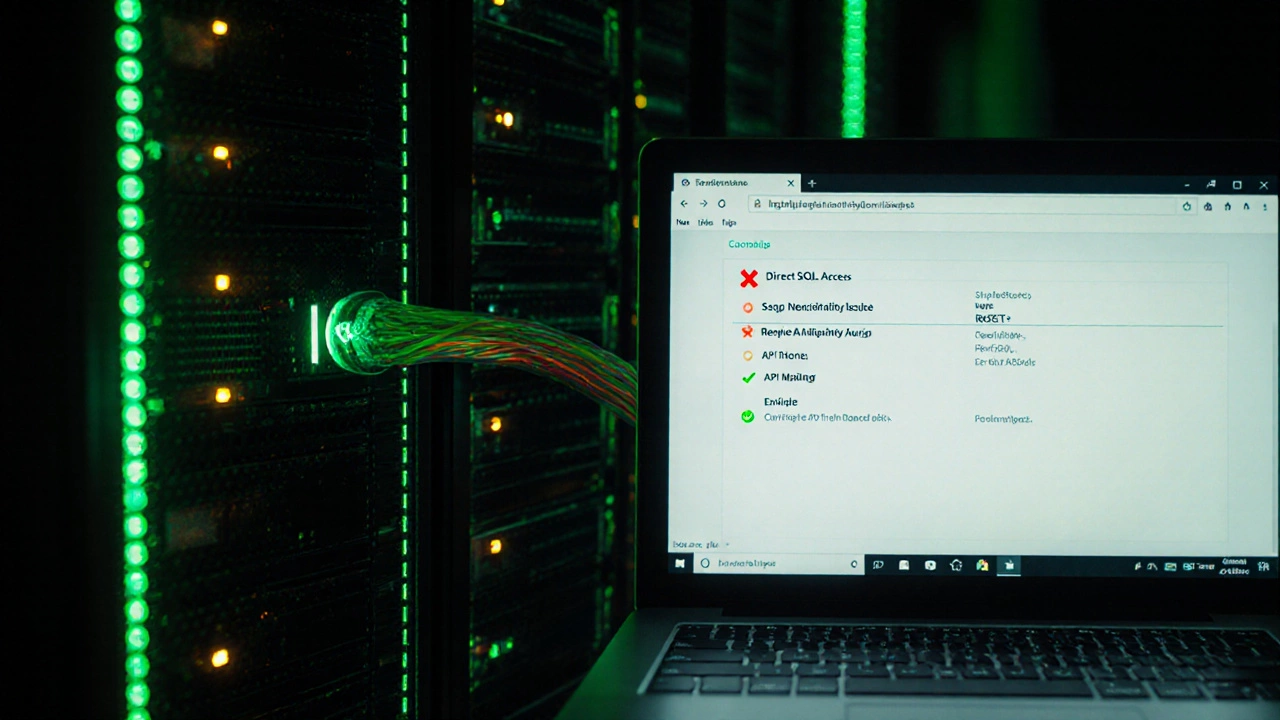 Server rack connected to laptop via API, with blocked direct SQL access marked in red