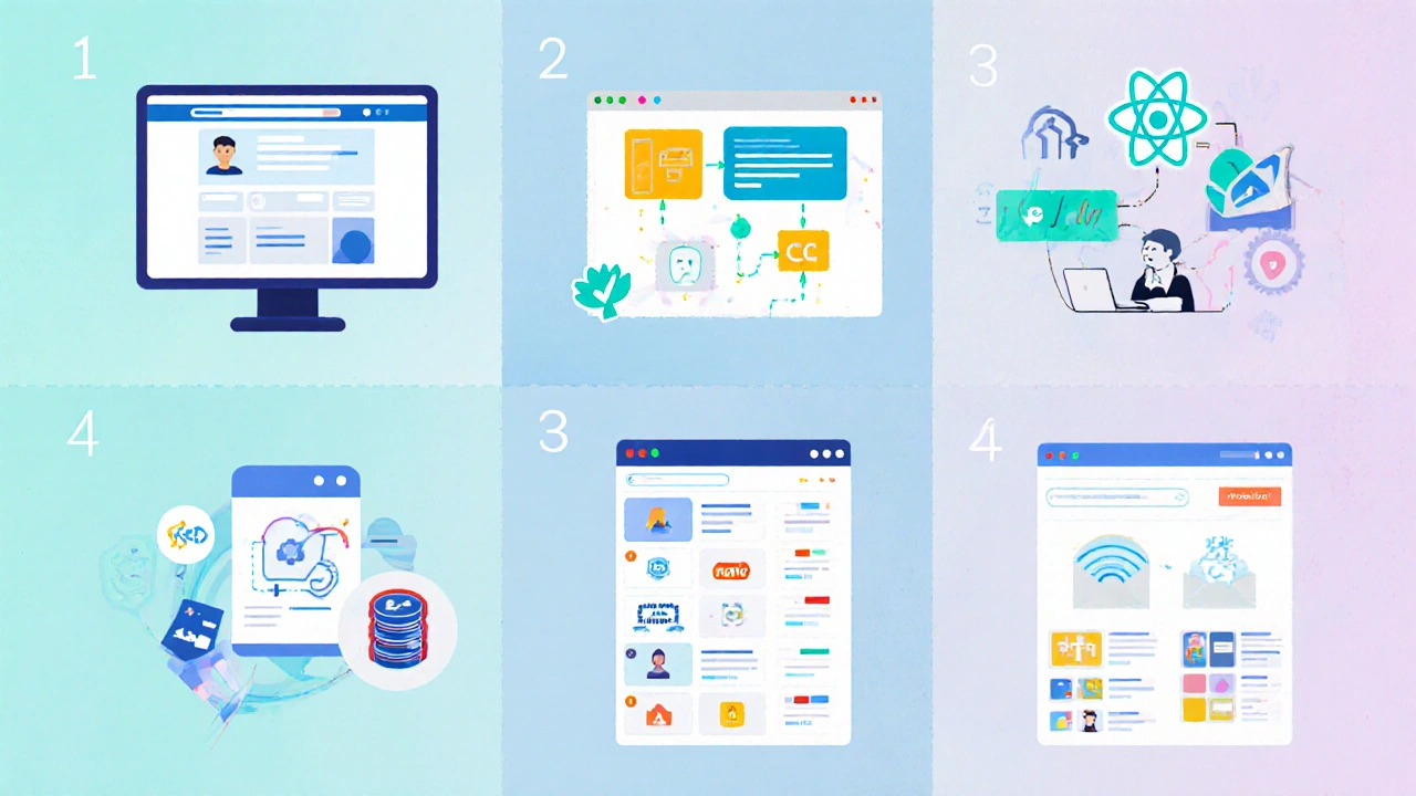 Six‑panel illustration showing each 4‑month milestone of a web dev roadmap.