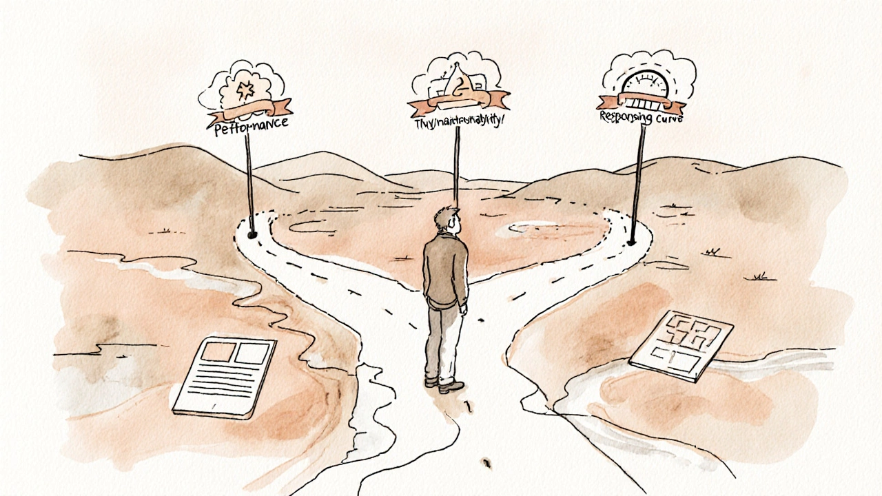 Sketch of a developer at a forked path representing performance, maintainability, and learning curve.
