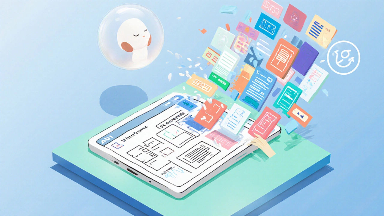 Sketch turning into UI components with AI help in an isometric view.