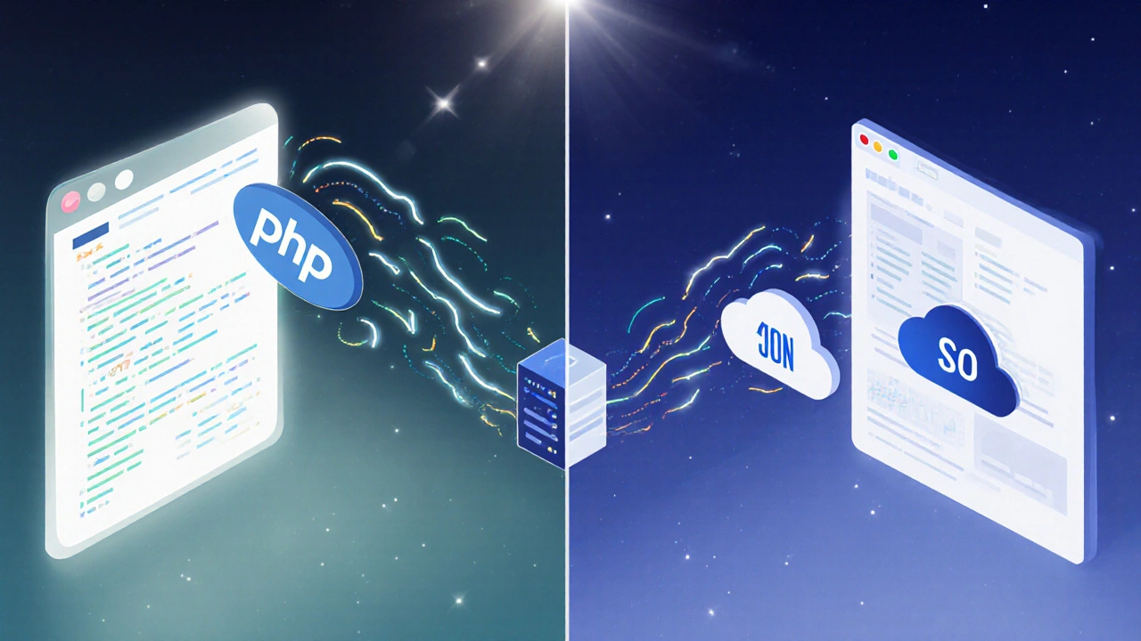Split-screen art comparing PHP server‑side rendering and JavaScript SPA using PHP APIs.