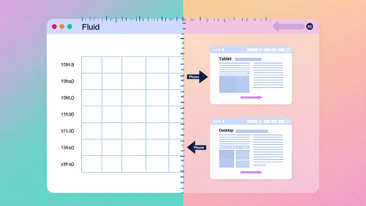 Split view comparing fluid responsive grid with fixed adaptive layouts.